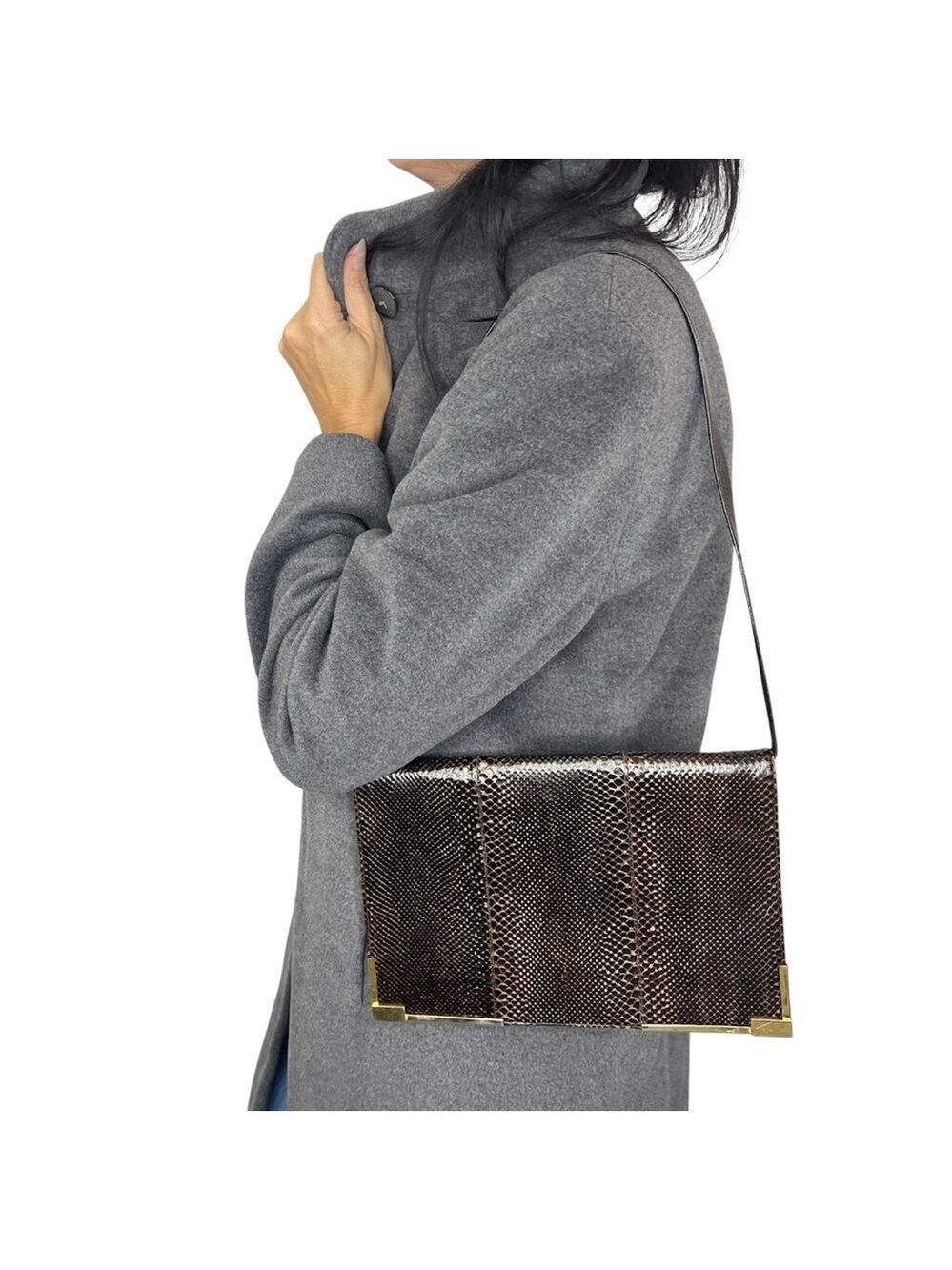 Vintage dark brown leather snake skin style flap shoulder bag clutch purse